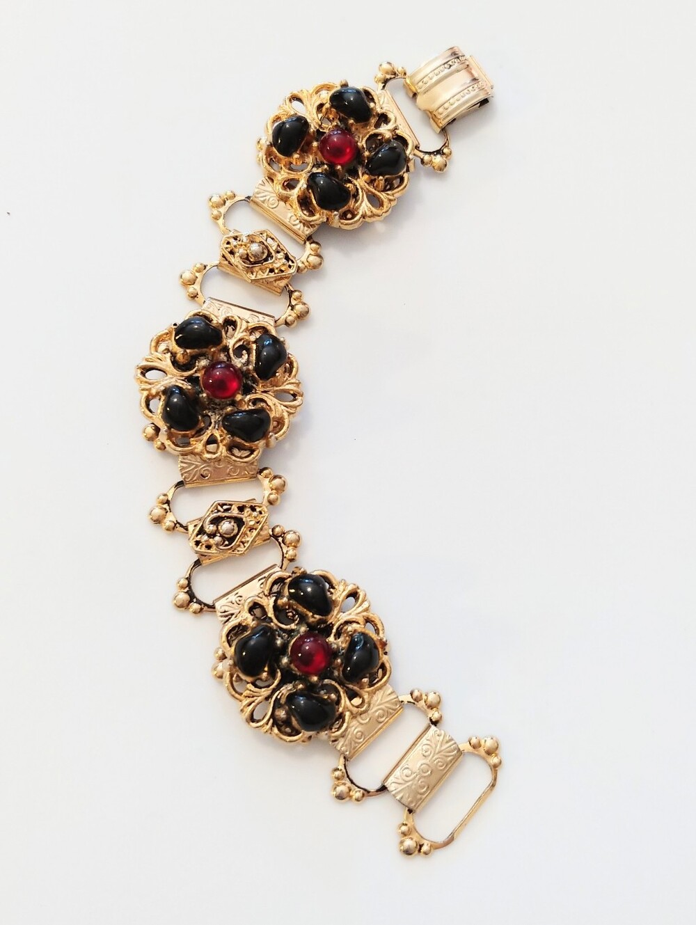 Vintage Edwardian Revival Link Goldtone Panel Bracelet Red & Black Acrylic Stone